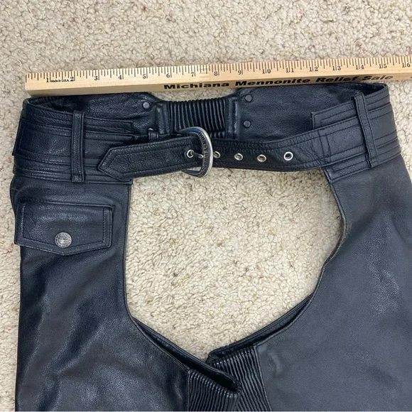 Harley Davidson Chaps Women XS Black Leather Riding Genuine Flared Leg Snap Away - Picture 7 of 9